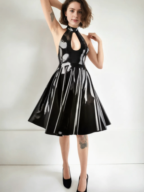 Glossy Black Halter Latex Circle Skirt Dress – Backless Flare Design