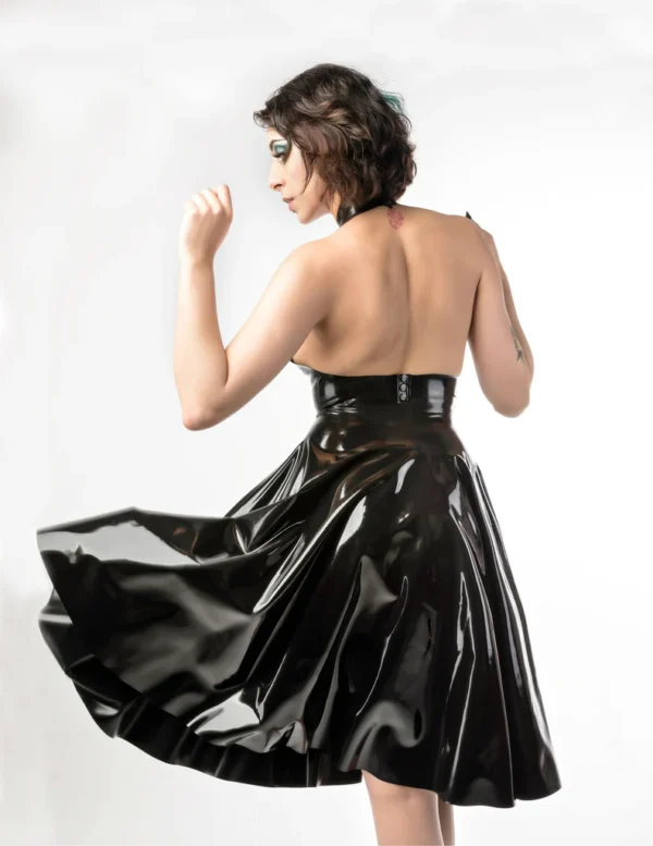 Glossy Black Halter Latex Circle Skirt Dress – Backless Flare Design