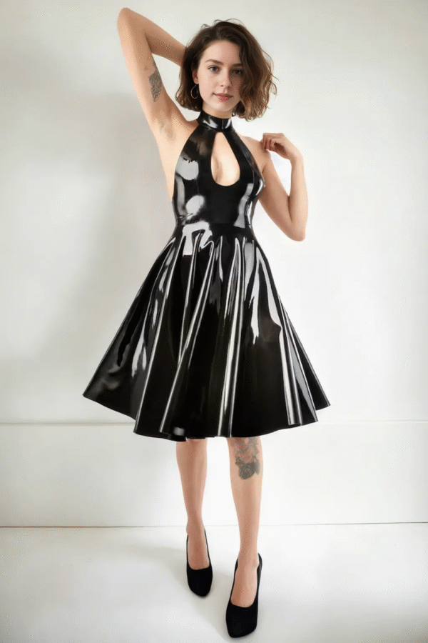 Glossy Black Halter Latex Circle Skirt Dress – Backless Flare Design