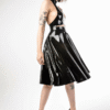 Glossy Black Halter Latex Circle Skirt Dress – Backless Flare Design
