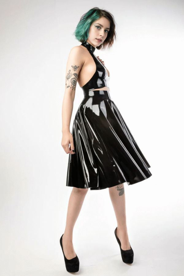 Glossy Black Halter Latex Circle Skirt Dress – Backless Flare Design
