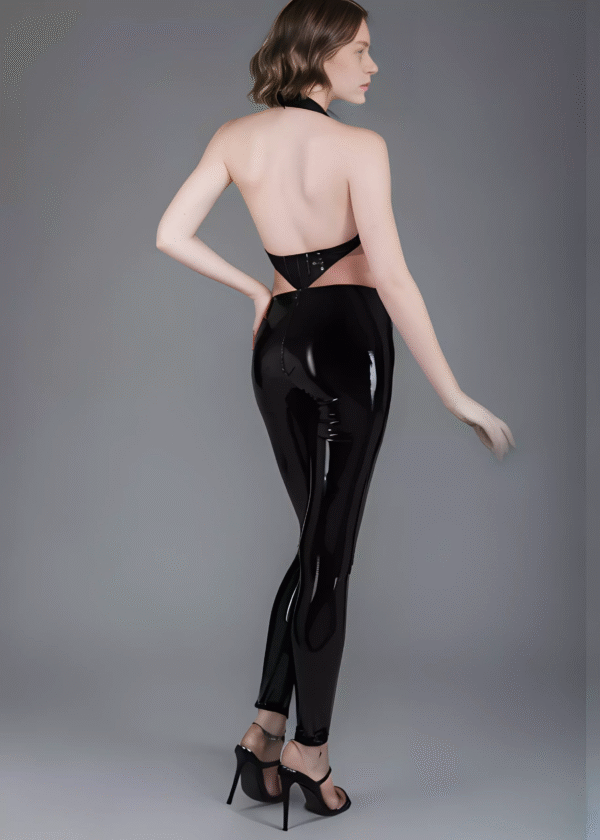 Backless Deep-V Latex Catsuit with Halter Neck and 3-Way Zipper