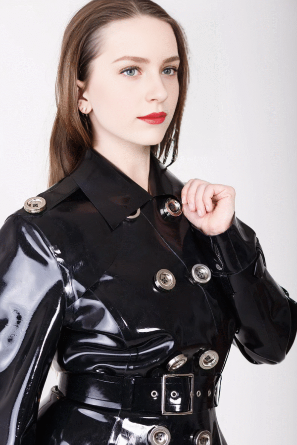 DeLuxe Military-Inspired Latex Trench Coat with Belted Waist