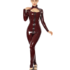 Burgundy Latex Catsuit with High Neck and Front Buckle Detail