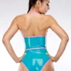 Vibrant Turquoise Halterneck Latex Leotard with Pink Trim and Bow