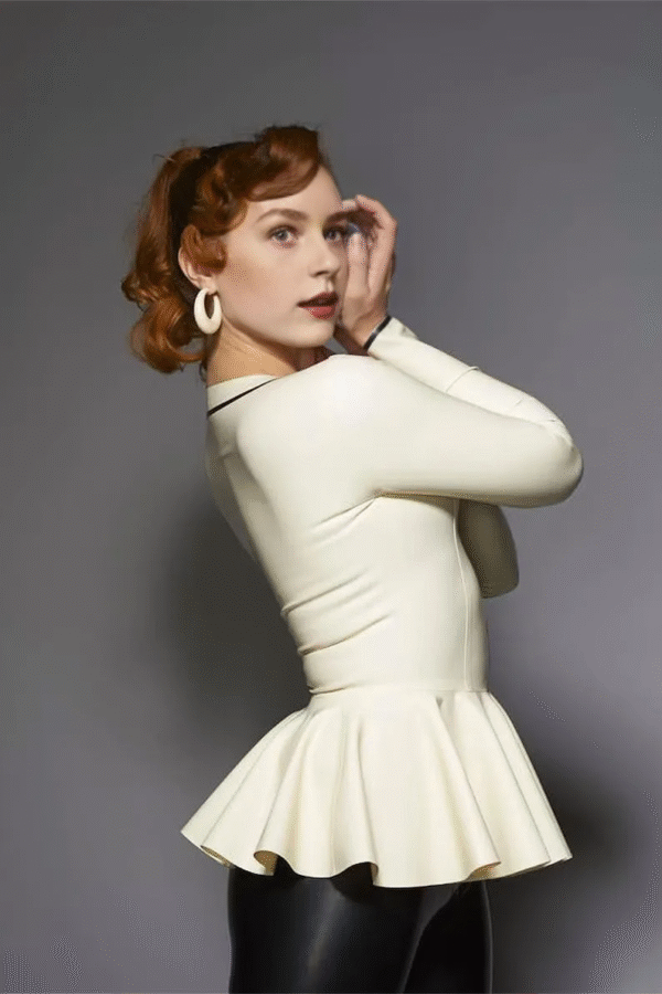 Elegant Latex Peplum Top with V-Neck and Faux Button Trim