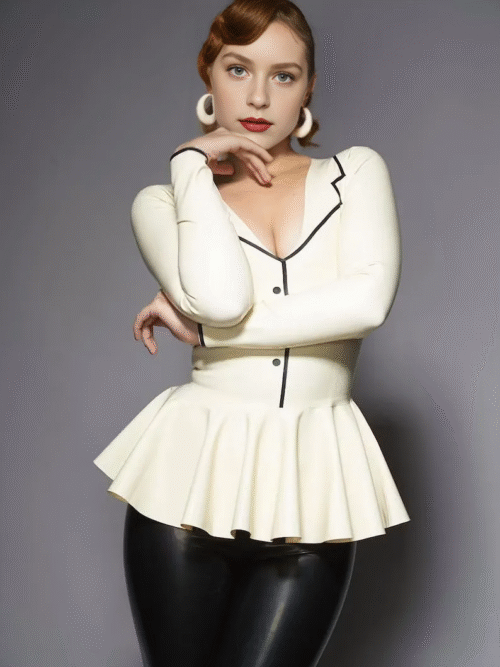 Elegant Latex Peplum Top with V-Neck and Faux Button Trim
