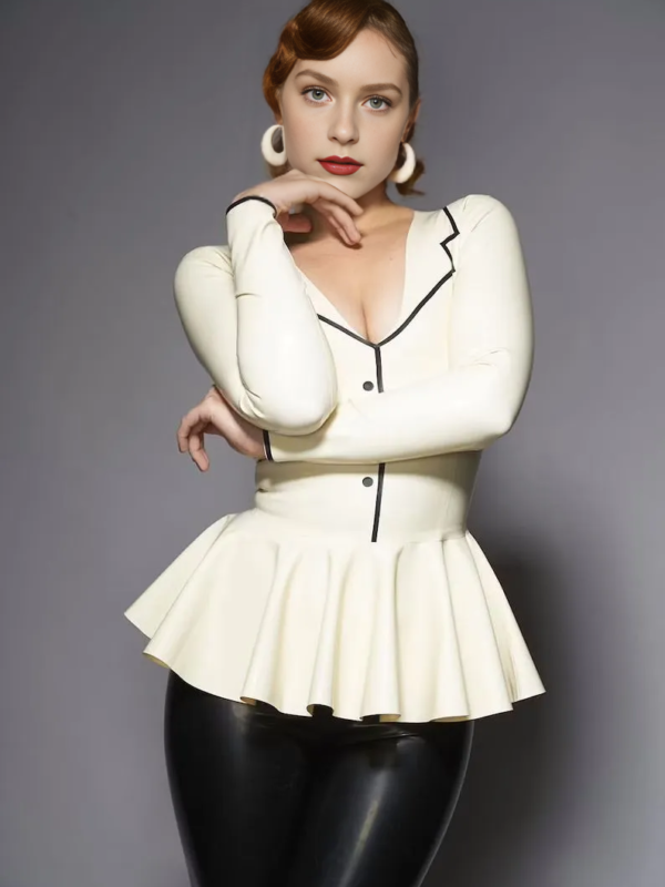 Elegant Latex Peplum Top with V-Neck and Faux Button Trim
