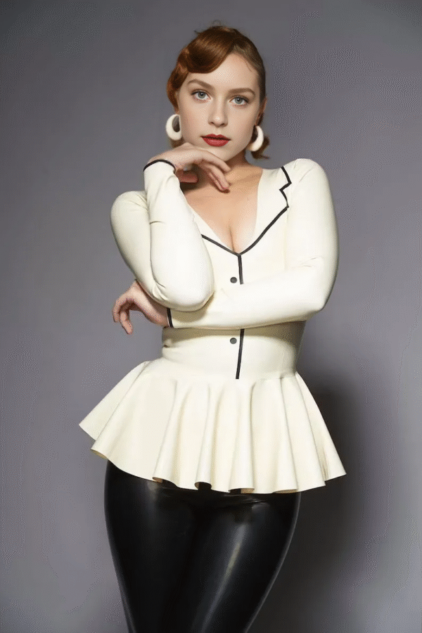 Elegant Latex Peplum Top with V-Neck and Faux Button Trim