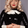 Elegant Latex Pencil Dress with White Pussy Bow and Cuffs