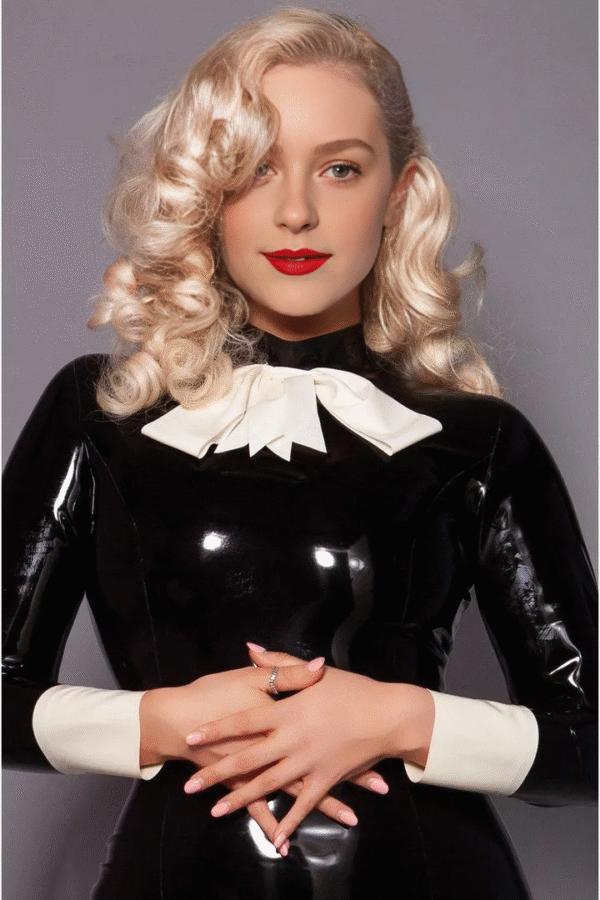 Elegant Latex Pencil Dress with White Pussy Bow and Cuffs