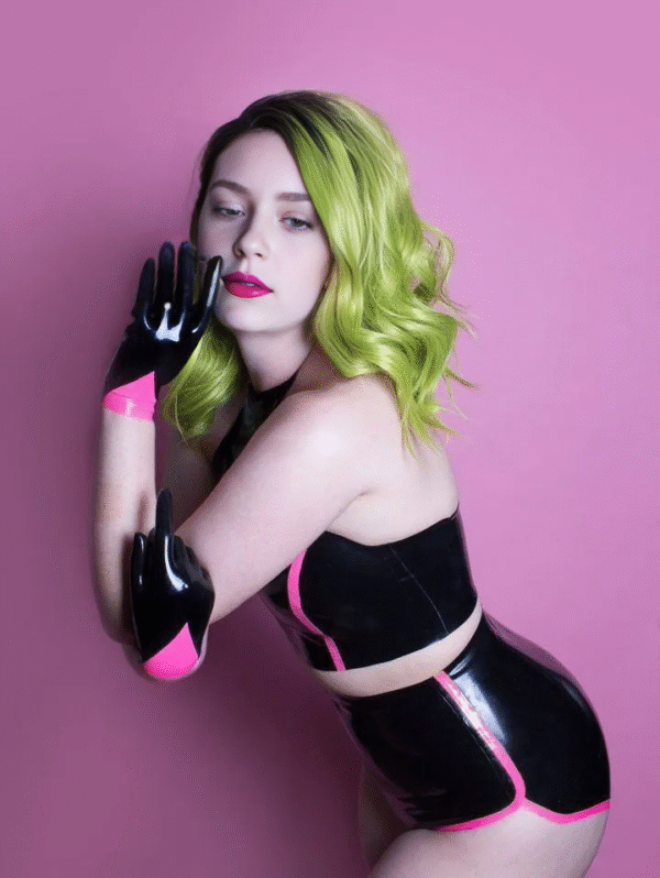 Neon Heart Latex Bikini Set – High-Waisted Shorts & Crop Top