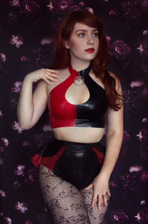 Harley Quinn Style Latex Keyhole Bikini Set with Ring Detail