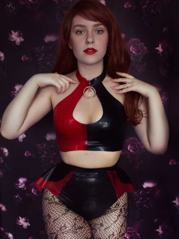 Harley Quinn Style Latex Keyhole Bikini Set with Ring Detail