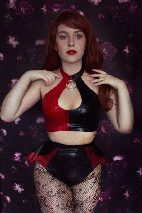 Harley Quinn Style Latex Keyhole Bikini Set with Ring Detail