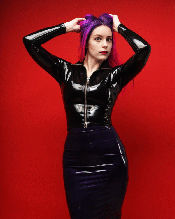 Glossy Black Long Sleeve Latex Top with Front Zipper