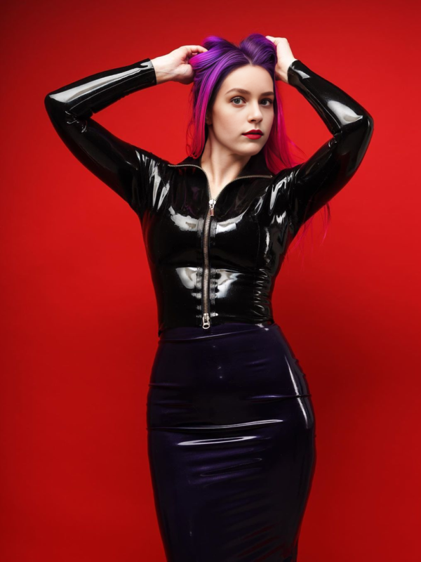 Glossy Black Long Sleeve Latex Top with Front Zipper