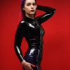 Glossy Black Long Sleeve Latex Top with Front Zipper
