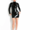 High-Neck Long Sleeve Black Latex Skater Dress