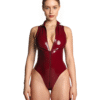 Burgundy High-Cut Latex Bodysuit with Front Two-Way Zipper