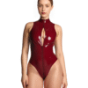 Burgundy High-Cut Latex Bodysuit with Front Two-Way Zipper