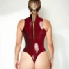 Burgundy High-Cut Latex Bodysuit with Front Two-Way Zipper