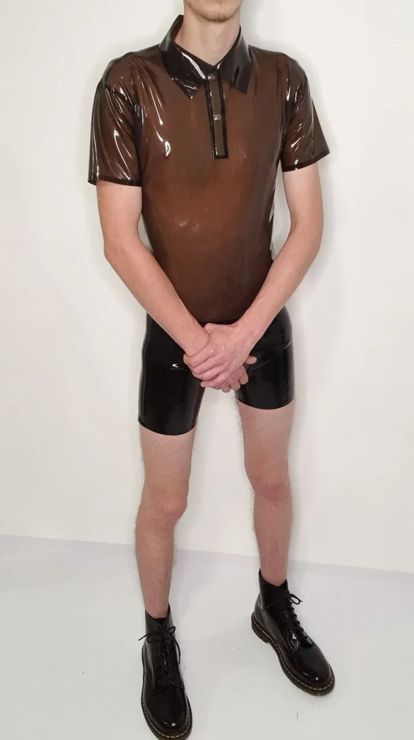 Transparent Smoke Latex Polo Shirt – Snap Collar Rubber Top for Men