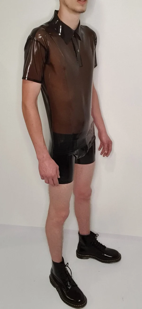 Transparent Smoke Latex Polo Shirt – Snap Collar Rubber Top for Men