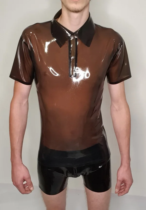 Transparent Smoke Latex Polo Shirt – Snap Collar Rubber Top for Men