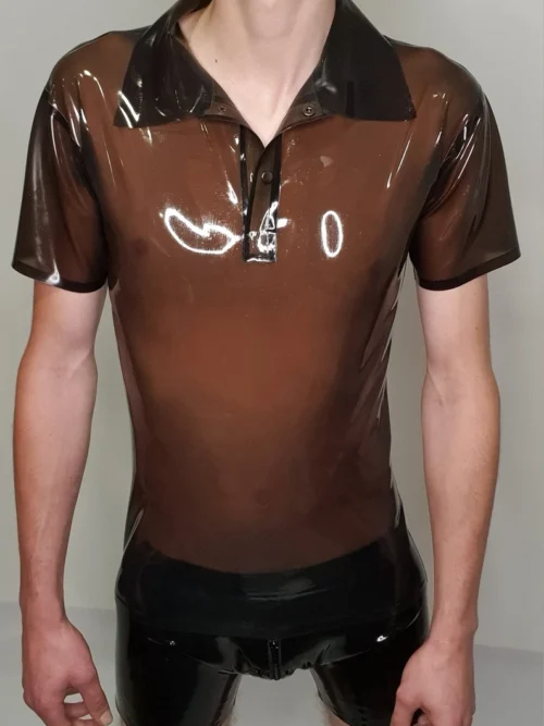 Transparent Smoke Latex Polo Shirt – Snap Collar Rubber Top for Men