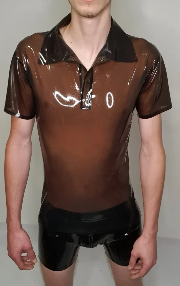 Transparent Smoke Latex Polo Shirt – Snap Collar Rubber Top for Men