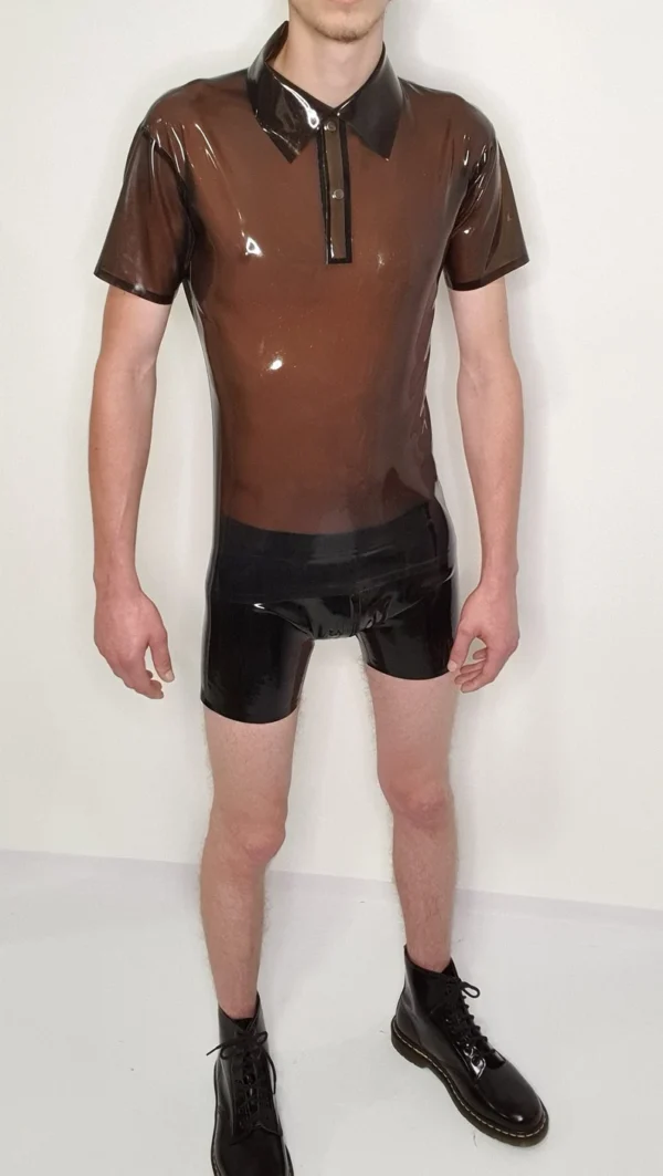 Transparent Smoke Latex Polo Shirt – Snap Collar Rubber Top for Men