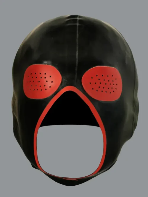 Latex Exterminator Hood with Red Pinhole Eyes and Trimmed Mouth – Customizable Design