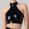 Sleek Latex Halter Crop Top with Choker Collar – Glossy Black Statement Piece