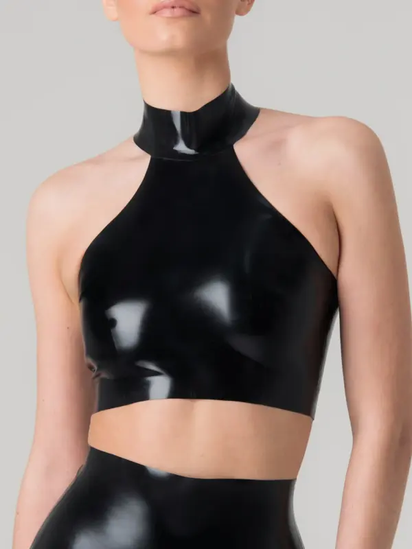 Sleek Latex Halter Crop Top with Choker Collar – Glossy Black Statement Piece