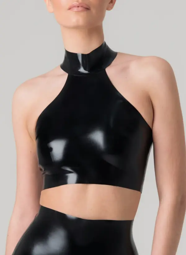 Sleek Latex Halter Crop Top with Choker Collar – Glossy Black Statement Piece
