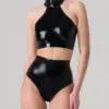 Sleek Latex Halter Crop Top with Choker Collar – Glossy Black Statement Piece