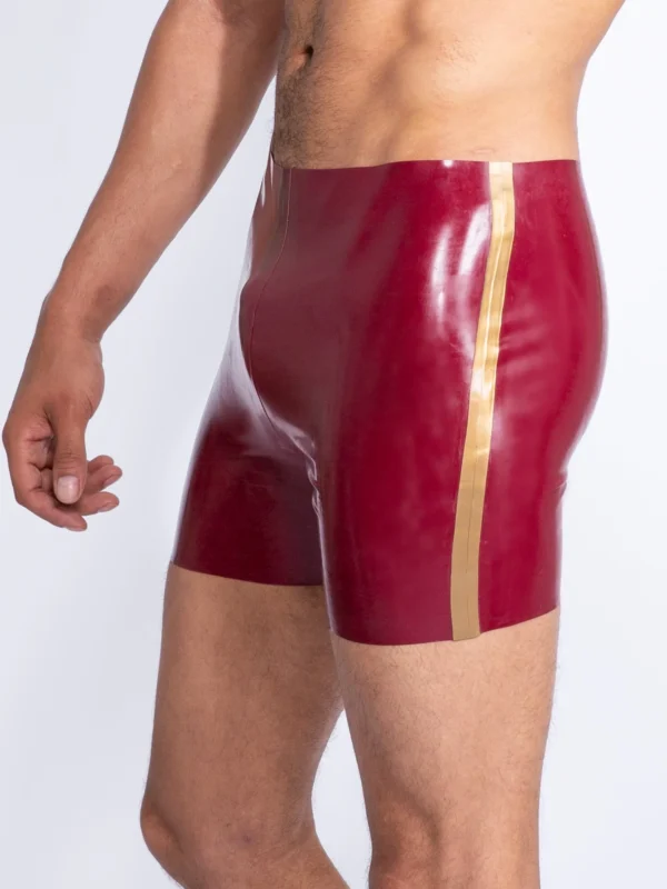 Plum Latex Cycling Shorts with Gold Side Stripes – Classic Cut, High-Shine Finish