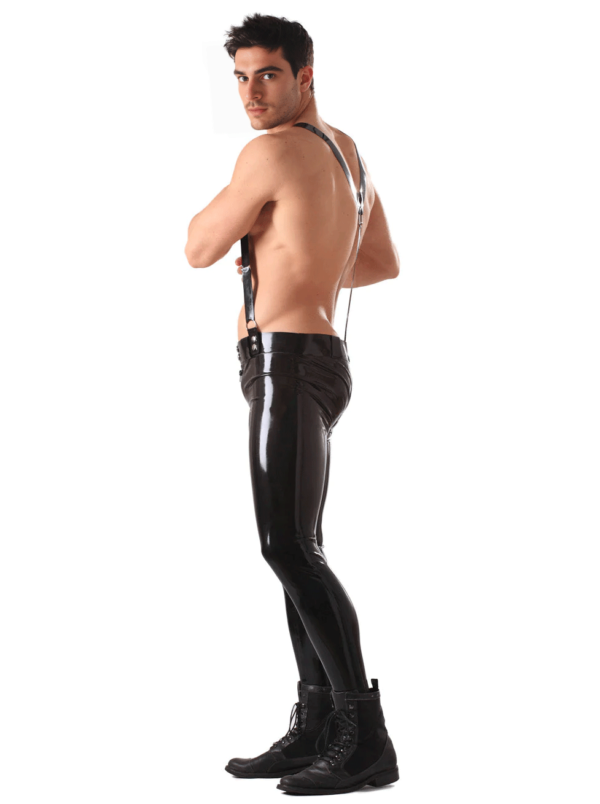 Men's Skinny Latex Jeans with Detachable Braces and Two-Way Zip