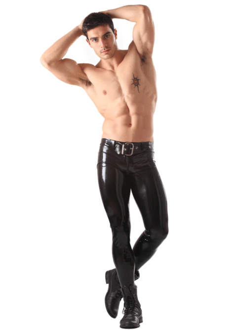 Men's Skinny Latex Jeans with Detachable Braces and Two-Way Zip