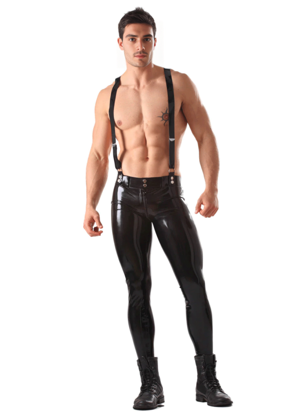 Men's Skinny Latex Jeans with Detachable Braces and Two-Way Zip