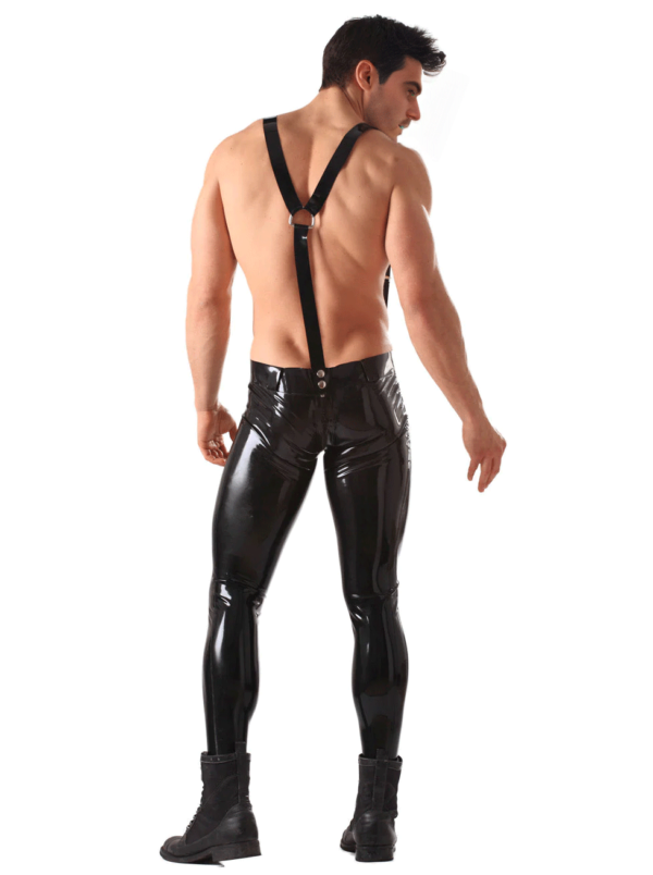 Men's Skinny Latex Jeans with Detachable Braces and Two-Way Zip