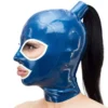 Blue Latex Hood with Ponytail Tube and White Contrast Trim