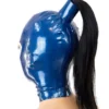 Blue Latex Hood with Ponytail Tube and White Contrast Trim
