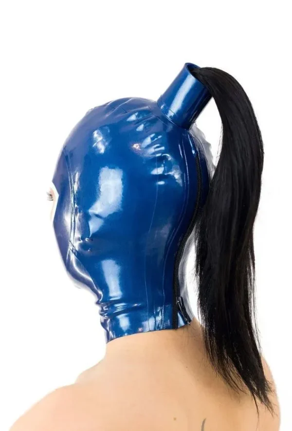 Blue Latex Hood with Ponytail Tube and White Contrast Trim