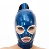 Blue Latex Hood with Ponytail Tube and White Contrast Trim