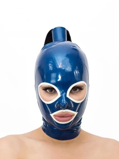 Blue Latex Hood with Ponytail Tube and White Contrast Trim