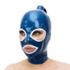 Blue Latex Hood with Ponytail Tube and White Contrast Trim