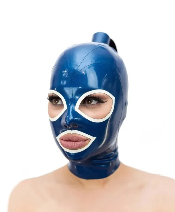 Blue Latex Hood with Ponytail Tube and White Contrast Trim