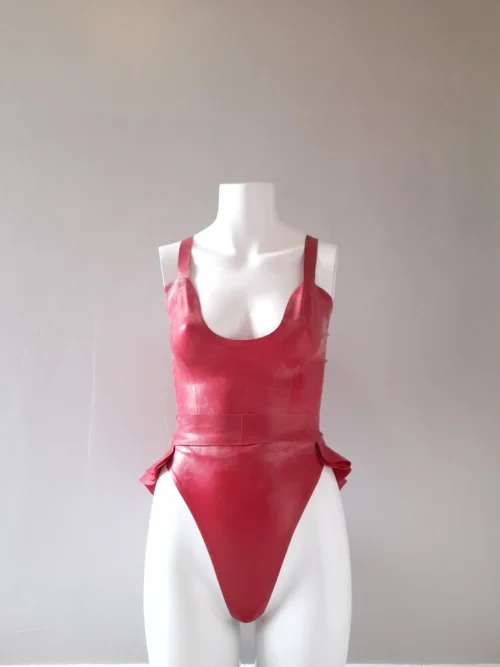 Latex Three-Piece Peplum Set with Adjustable Top, High-Waist Thong, and Frilled Belt
